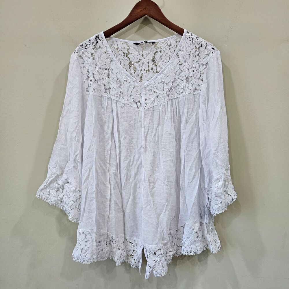 Zac & Rachel Womens Gauzey Button Up Blouse Plus Size White Lace Oversized Sheer
